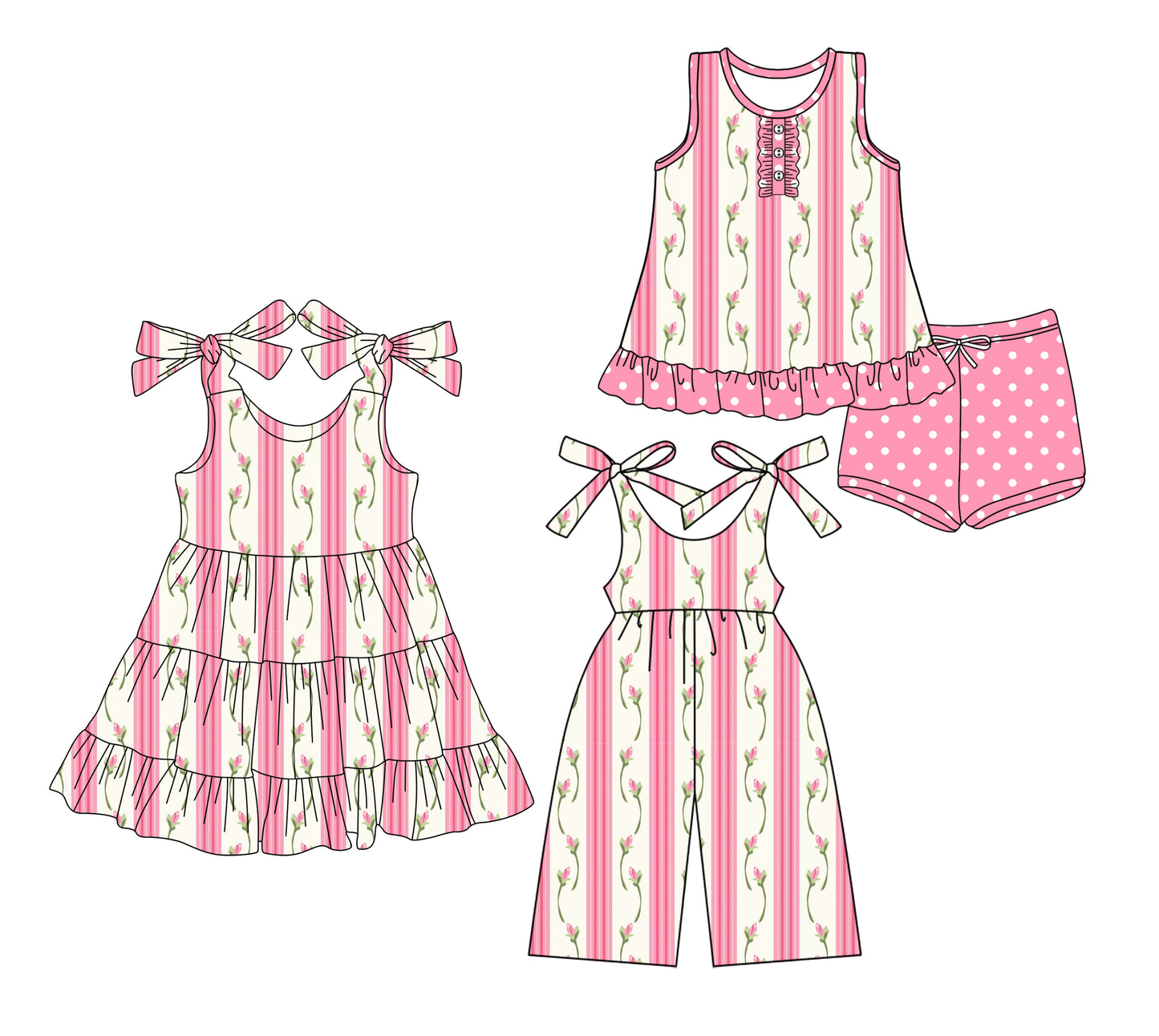 Preorder moq 5 Custom Baby Girls Pink Floral Stripe Button Tunic Polka Dots Short Set Knee Length Dress Jumpsuits