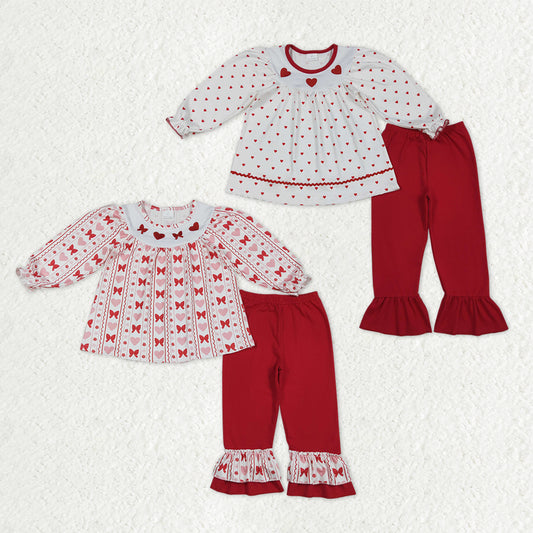Sibling Baby Girls Embroidery Bows Hearts Tunic Ruffle Pants Valentines Clothes Sets