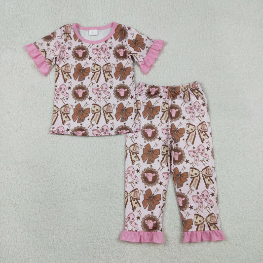 Baby Girls Flowers Highland Cows Top Ruffle Pants Western Pajamas Set