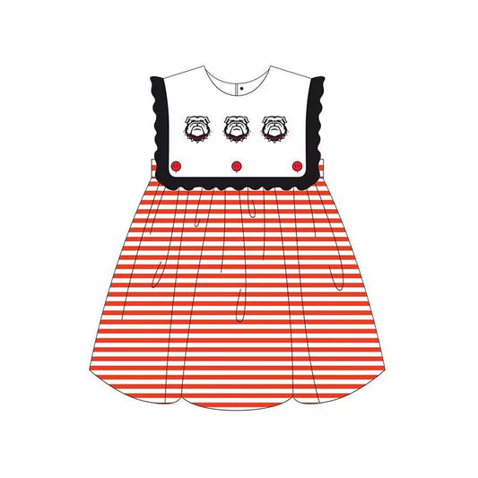 Preorder moq 5 Baby Girls Sleeveless Red Stripe Bulldogs Team Knee Length Dresses