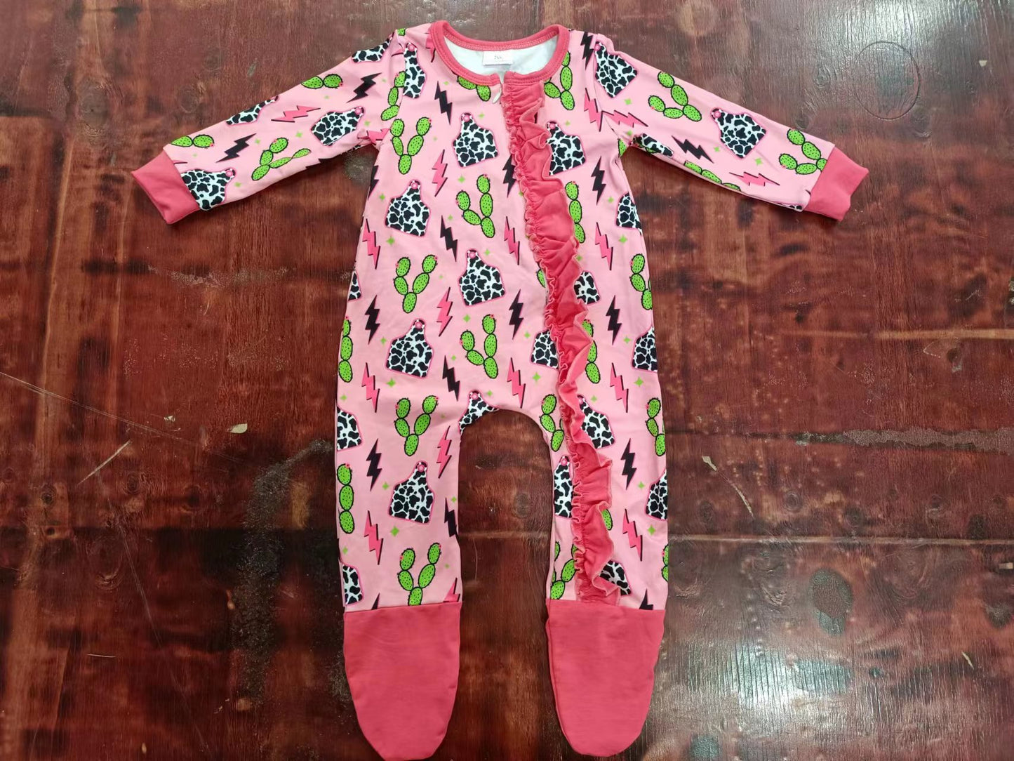 Baby Infant Girls Cow Cactus Pink Zip Footie Long Sleeve Rompers preorder(moq 5)