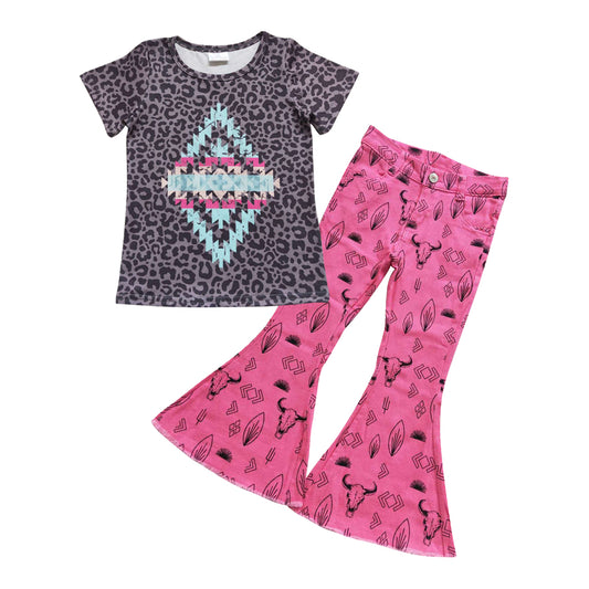 Baby Girls Aztec Leopard Shirt Top Cow Denim Pants clothes sets