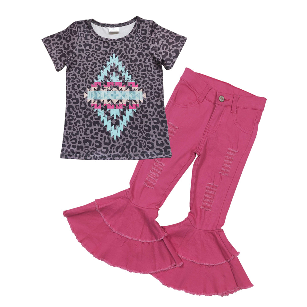 Baby Girls Aztec Leopard Shirt Top Hotpink Denim Pants clothes sets