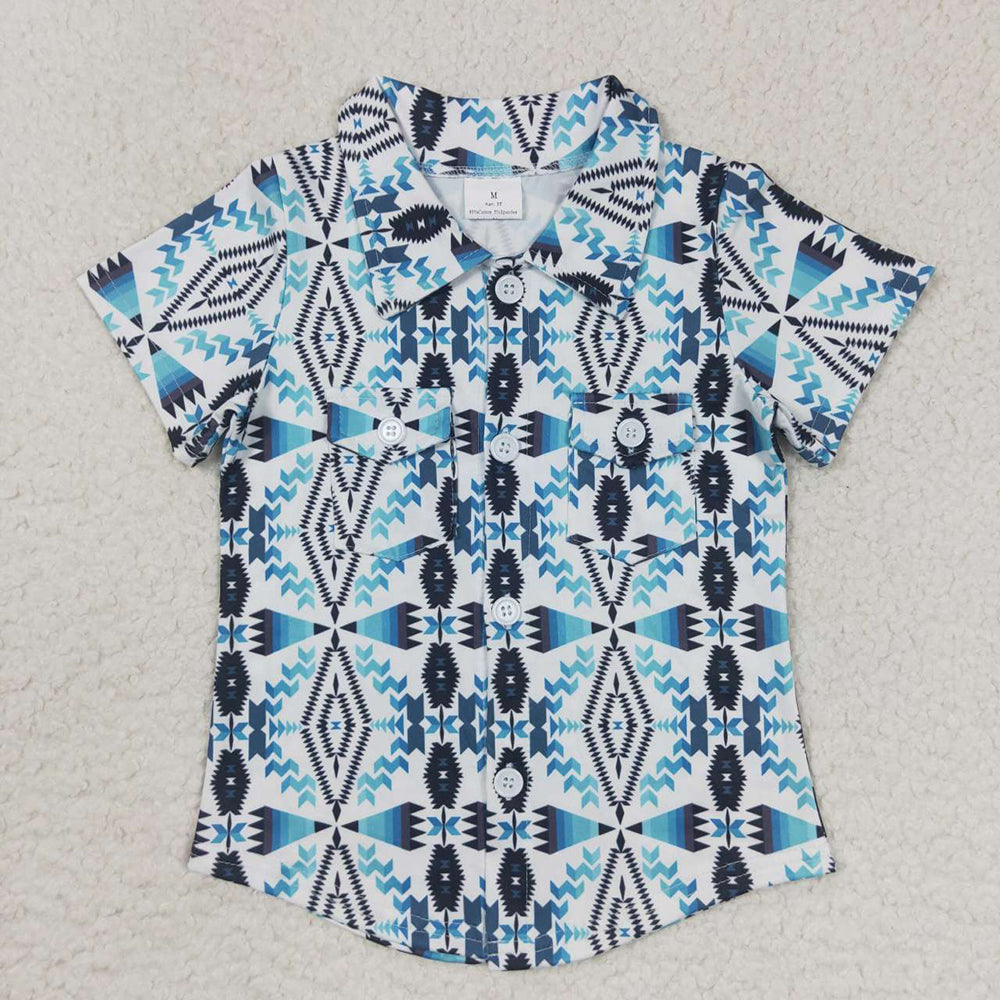 Baby Boys Teal White Aztec Western Short Sleeve Buttons Shirts Tops