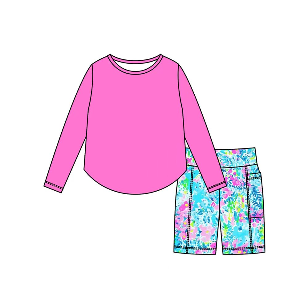 Preorder (moq 5)Baby Girls Long Sleeve Top Blue Pink Flowers Shorts Clothes Sets