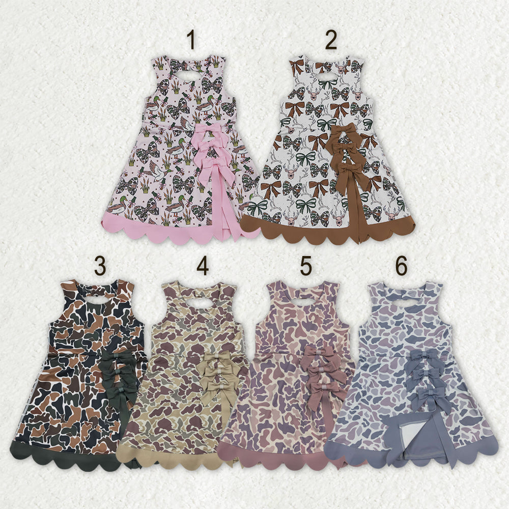 Sibling Baby Girls Camo Bows Ducks Yoga Active Short Bow Scallop Knee Length Dresses