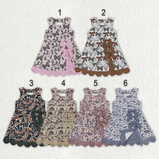 Sibling Baby Girls Camo Bows Ducks Yoga Active Short Bow Scallop Knee Length Dresses