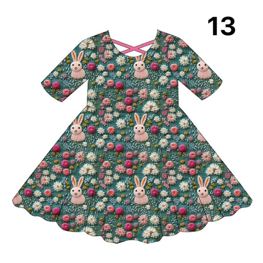 Baby Girls Easter Green Rabbits Flowers Knee Length Dresses Preorder