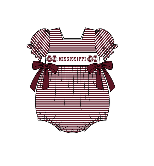 preorder(moq 5) Baby Girls Red Stripe Short Sleeve Mississippi Team Ruffle Rompers