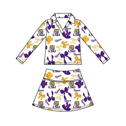 Preorder (moq 5)Baby Girls Bows LSU Tigers Top Skirt Short Team Clothes Set