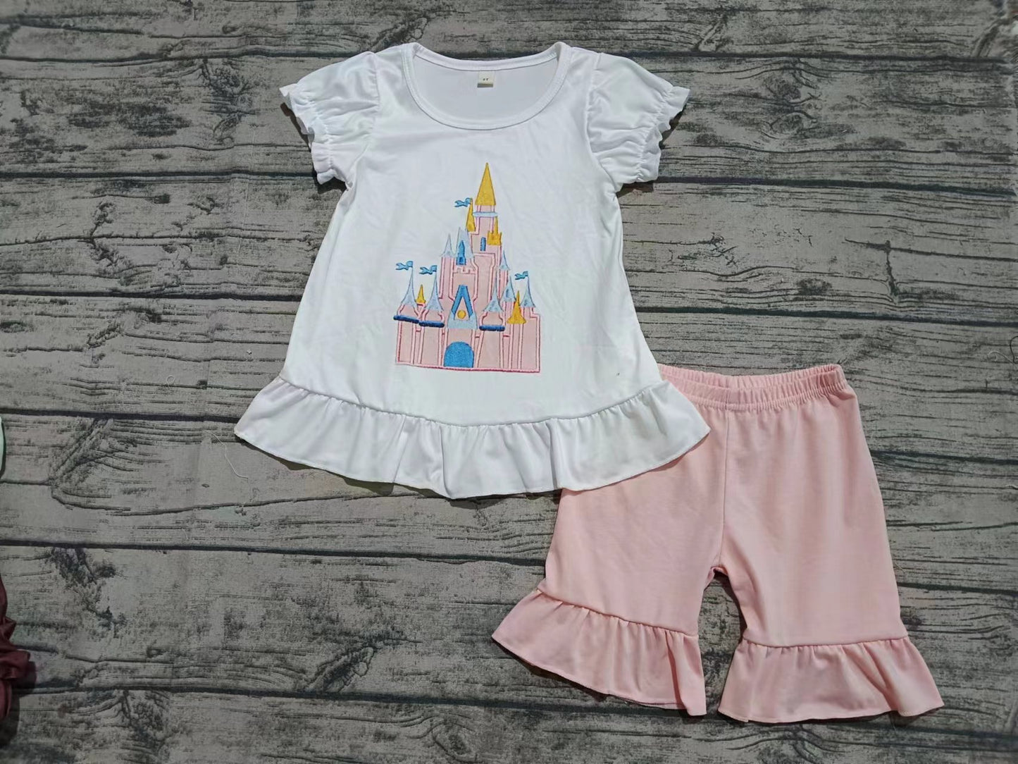 Preorder moq 5 Baby Girls Short Ruffle Sleeves Castle Tunic Peach Short Set