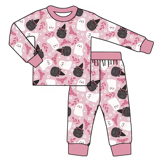 Baby Girls Bamboo Halloween Pink Ghost Shirt Pants Pajamas Clothes Sets Preorder(moq 5)