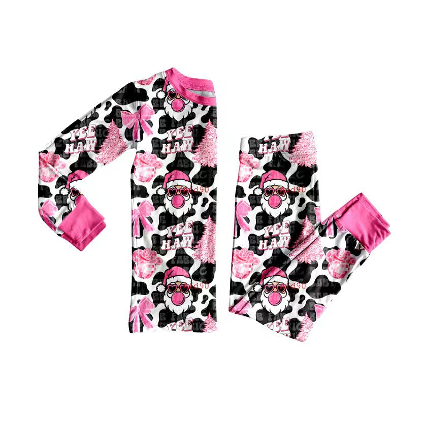 Preorder (moq 20)Baby Girls Bamboo Cow Print Santa Christmas Pajamas Set