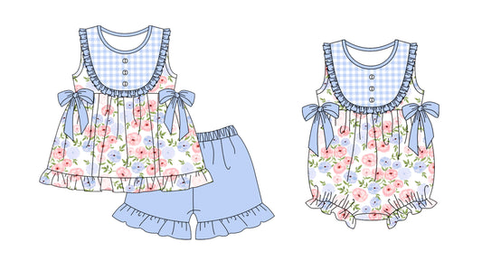 Preorder(moq 5 each)Sibling Baby Girls Blue Checkered Flowers Tunic Top Shorts Bows Rompers Clothes Sets