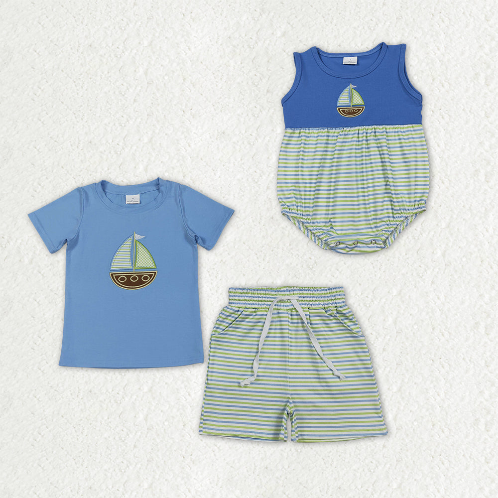 Sibling Baby Boys Embroidery Boats Top Pockets Stripe Short Clothes Set Rompers