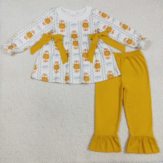 Baby Girls Yellow Pumpkins Bows Plaid Tunic Ruffle Pant Fall Set