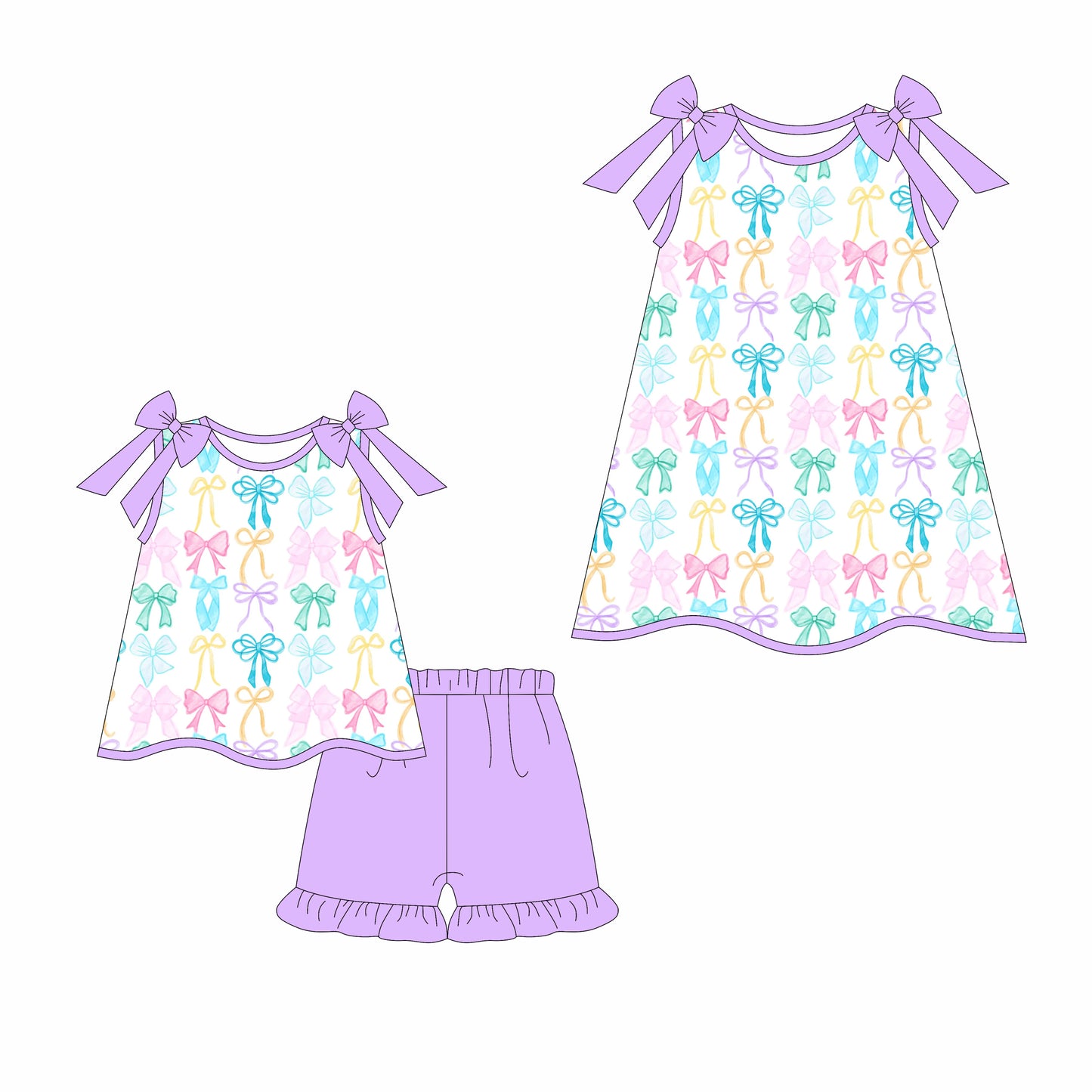 Preorder moq 5 Custom Baby Girls Purple Strap Colorful Bows Tunic Ruffle Short Set Knee Length Dresses