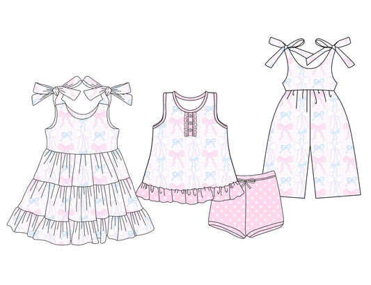 Preorder moq 5 Custom Baby Girls Pink Blue Bows Tunic Polka Dots Shorts Set Knee Length Dress Jumpsuits