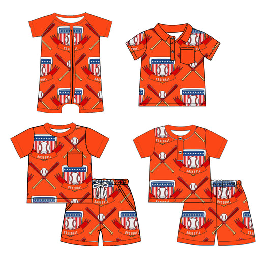 Preorder moq 5 Custom Baby Boys Orange Short Sleeves Baseballs Flags Top Short Pajamas 4th Of July Set Polo Shirts And Zipper Rompers