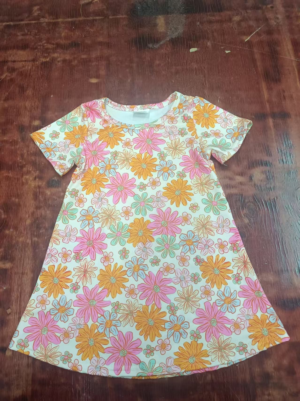 Preorder moq 5 Baby Girls Short Sleeves Pink Orange Flowers Knee Length Dress