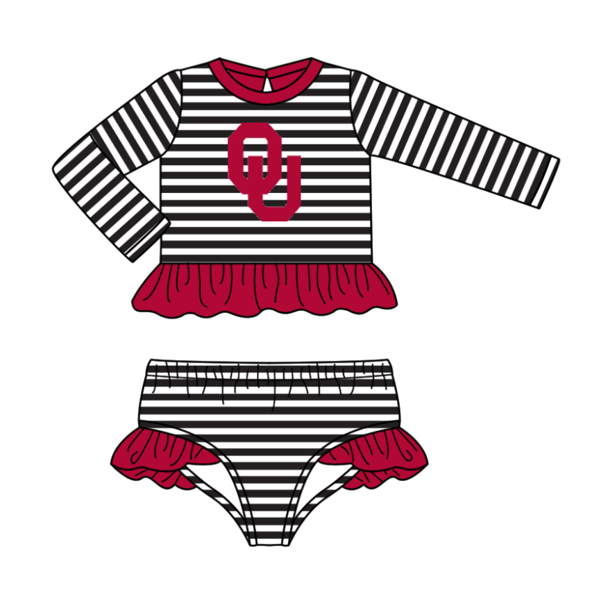 Preorder (moq 5)Baby Girls Black Stripe OU Ruffle Top Bummies Team 2 Piece Swimsuits