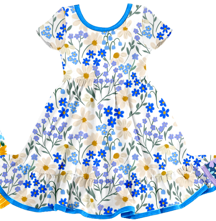 Preorder moq 5 (each item)Baby Girls Colorful Flowers Short Sleeve Ruffle Knee Length Dresses