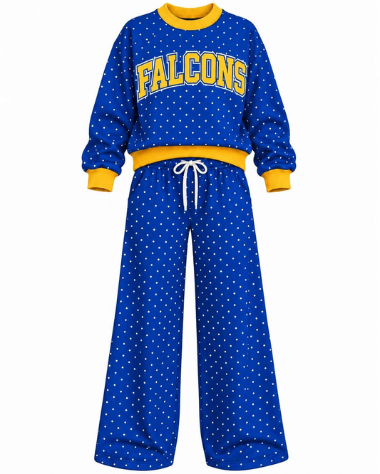 Preorder (moq 5) Baby Girls Blue Falcons Polka Dots Top Pants Outfits Sets