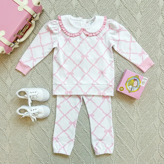 Preorder moq 5 Baby Girls Pink Bows Plaid Top Pants Pajamas Set