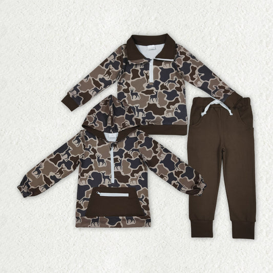 Sibling Baby Boys Deer Camo Zipper Pullovers Pockets Jogger Hunting Clothes Set Hoodies Top