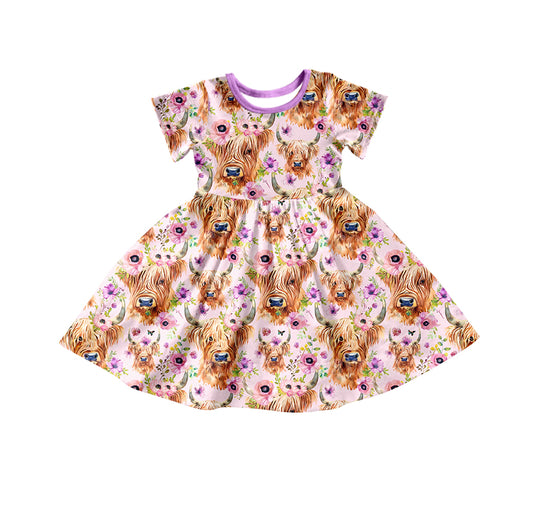 Baby Girls Purple Highland Cow Short Sleeve Knee Length Dresses preorder(moq 5)