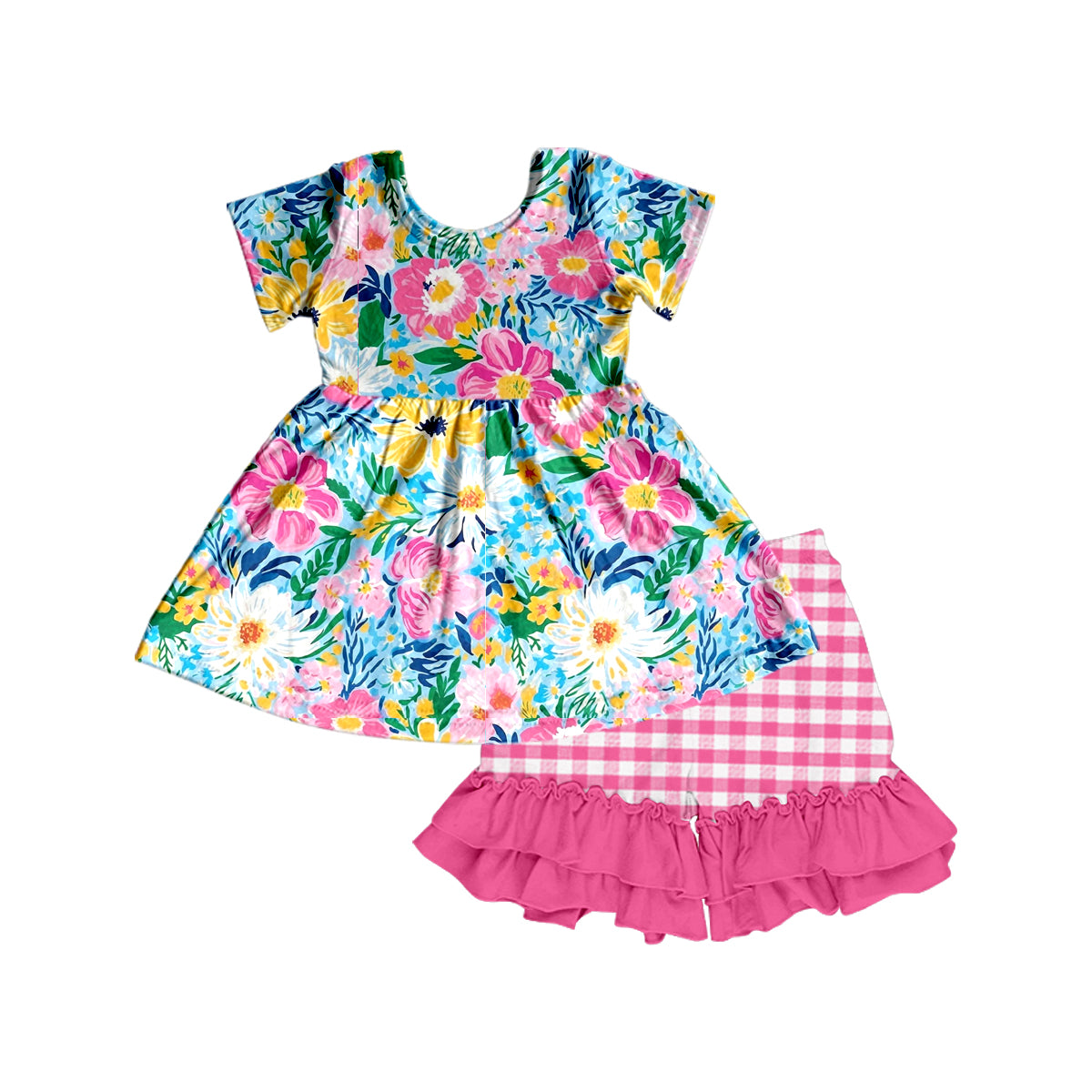 Baby Girls Blue Pink Flowers Tunic Top Ruffle Shorts Clothes Sets preorder (moq 5)