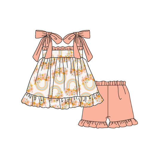 Preorder (moq 5)Baby Girls Pink Rainbow Flowers Straps Tunic Ruffle Shorts Clothes Sets