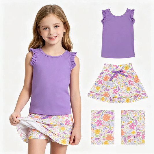 Baby Girls Purple Vest Colorful Floral Pockets Skirt Short Yoga Active Clothes Set