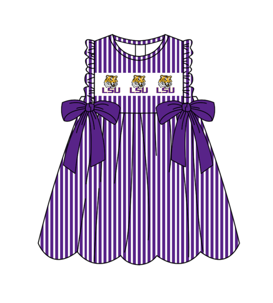 Preorder (moq 5)Baby Girls Sleeveless Purple Stripe LSU Tigers Bows Team Knee Length Dresses