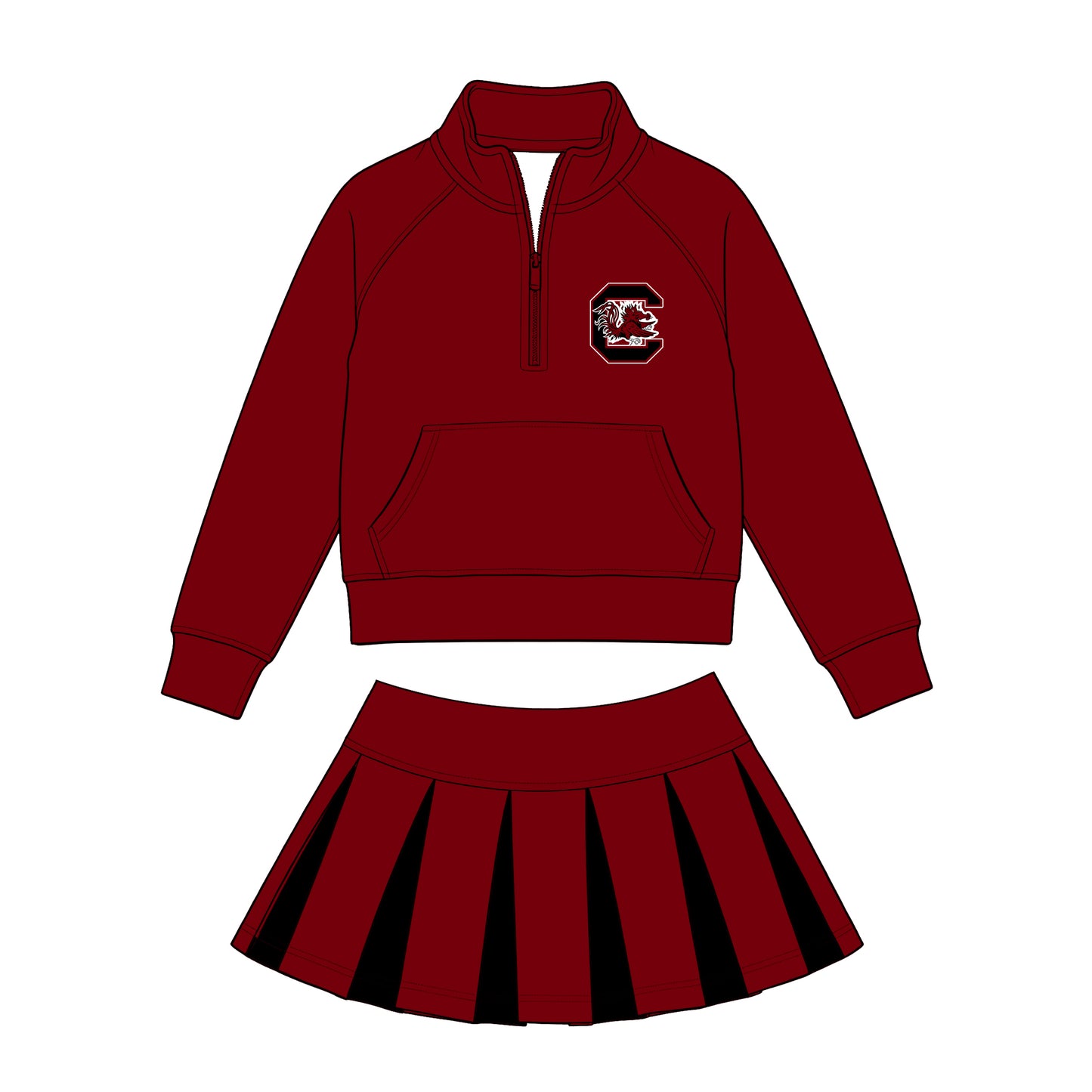 Preorder (moq 5)Baby Girls Zip Pocket Carolina Pullovers Black Maroon Skirt Short Team Clothes Set