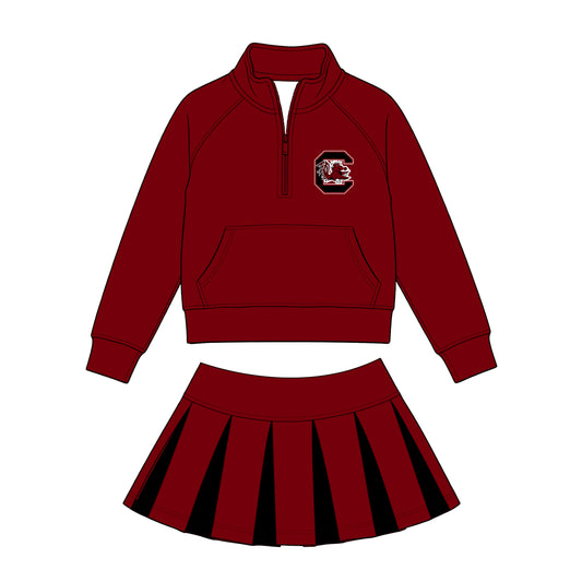 Preorder (moq 5)Baby Girls Zip Pocket Carolina Pullovers Black Maroon Skirt Short Team Clothes Set