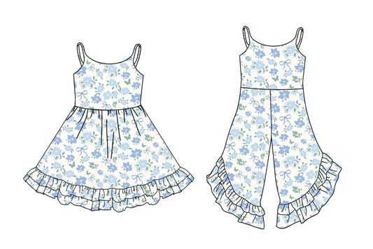 Preorder moq 5 Custom Baby Girls Strap Blue Floral Ruffle Knee Length Dress Jumpsuits