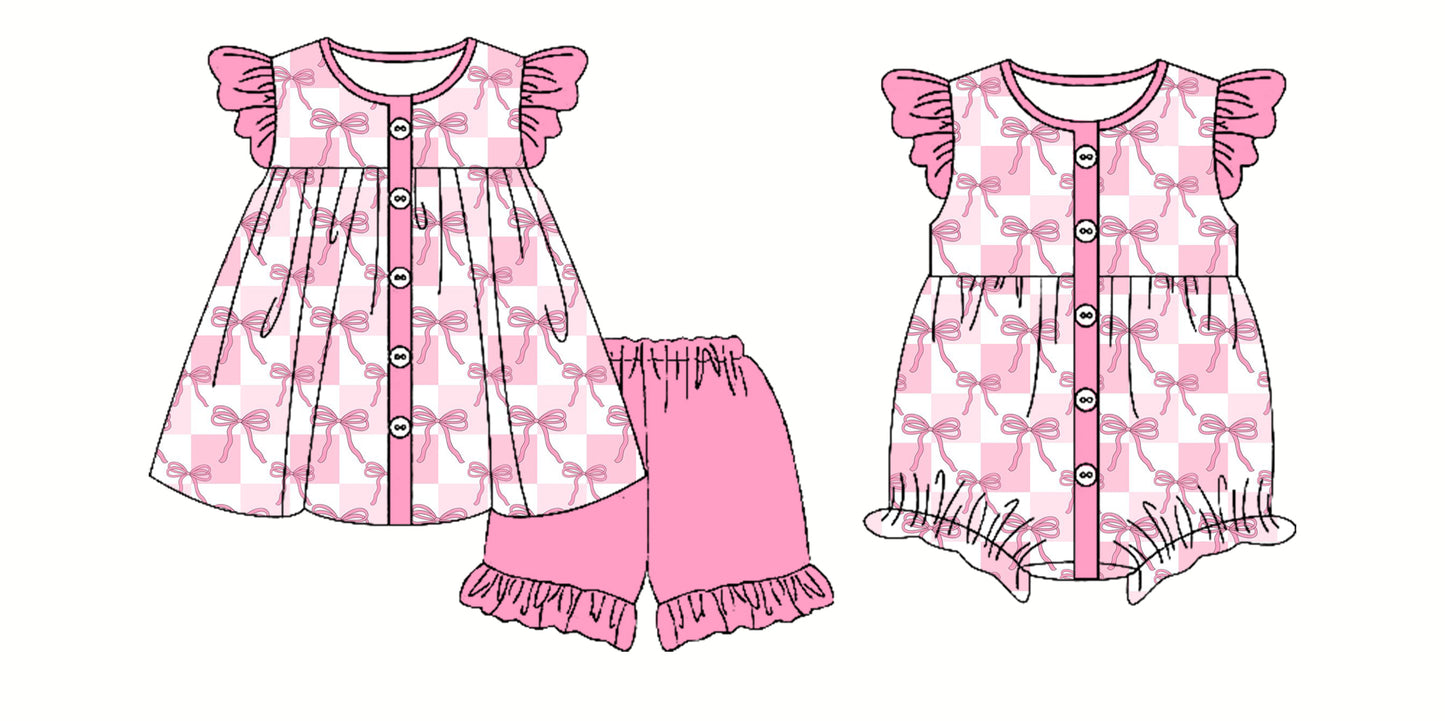 Preorder moq 5 Custom Baby Girls Pink Plaid Flutter Sleeves Button Bows Tunic Ruffle Short Set Rompers