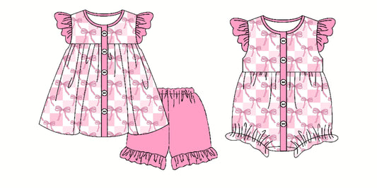 Preorder moq 5 Custom Baby Girls Pink Plaid Flutter Sleeves Button Bows Tunic Ruffle Short Set Rompers