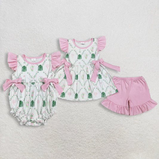 Sibling Baby Girls Pink Flower Golf Checked Tunic Ruffle Shorts Clothes Set Rompers