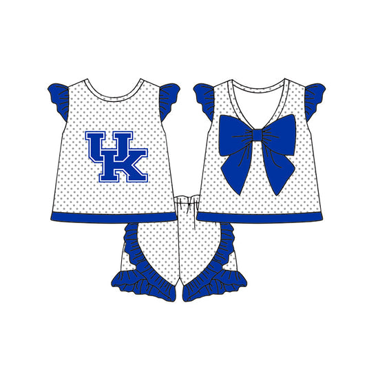 Preorder (moq 5)Baby Girls UK Polka Dots Back Bow Tunic Ruffle Shorts Team Clothes Sets