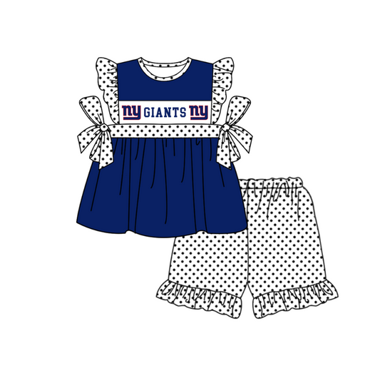 Preorder (moq 5)Baby Girls Ny Giants Tunic Polka Dots Ruffle Shorts Team Clothes Sets