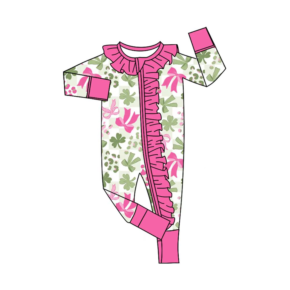 Preorder (moq 20)Baby Girls Bamboo St Patrick Clovers Bows Ruffle Zippy Footie Rompers