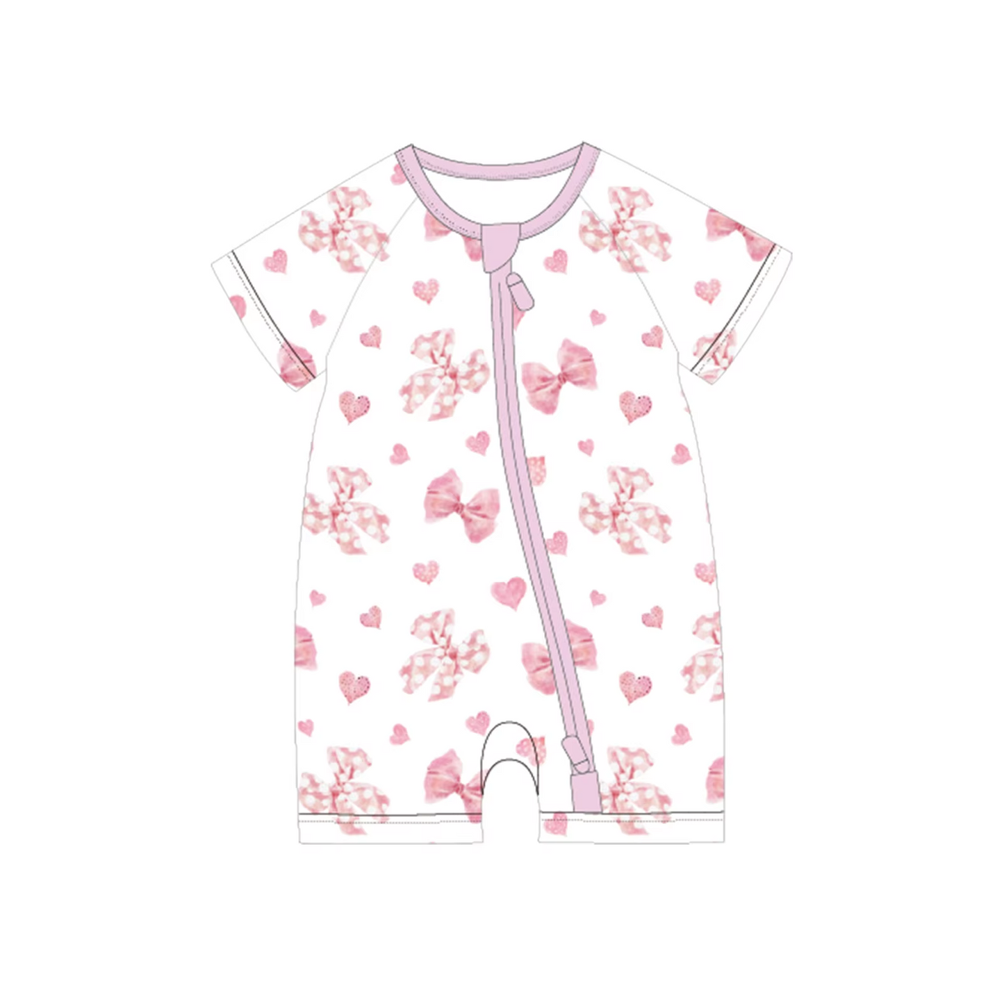 Preorder moq 5 Baby Girls Short Sleeves Pink Bows Hearts Zipper Rompers