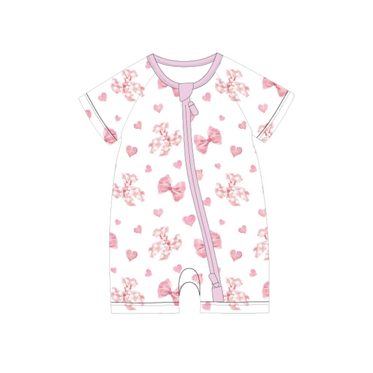 Preorder moq 5 Baby Girls Short Sleeves Pink Bows Hearts Zipper Rompers