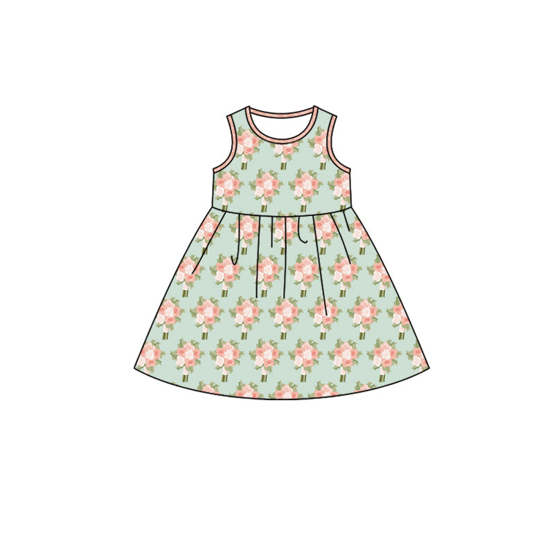 Preorder (moq 5)Baby Girls Green Pink Flowers Sleeveless Knee Length Dresses