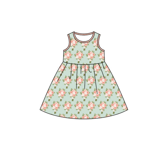 Preorder (moq 5)Baby Girls Green Pink Flowers Sleeveless Knee Length Dresses
