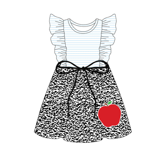 Preorder (moq 5)Baby Girls Blue Stripe Flutter Sleeves Cow Print Apple Knee Length Dresses Preorder