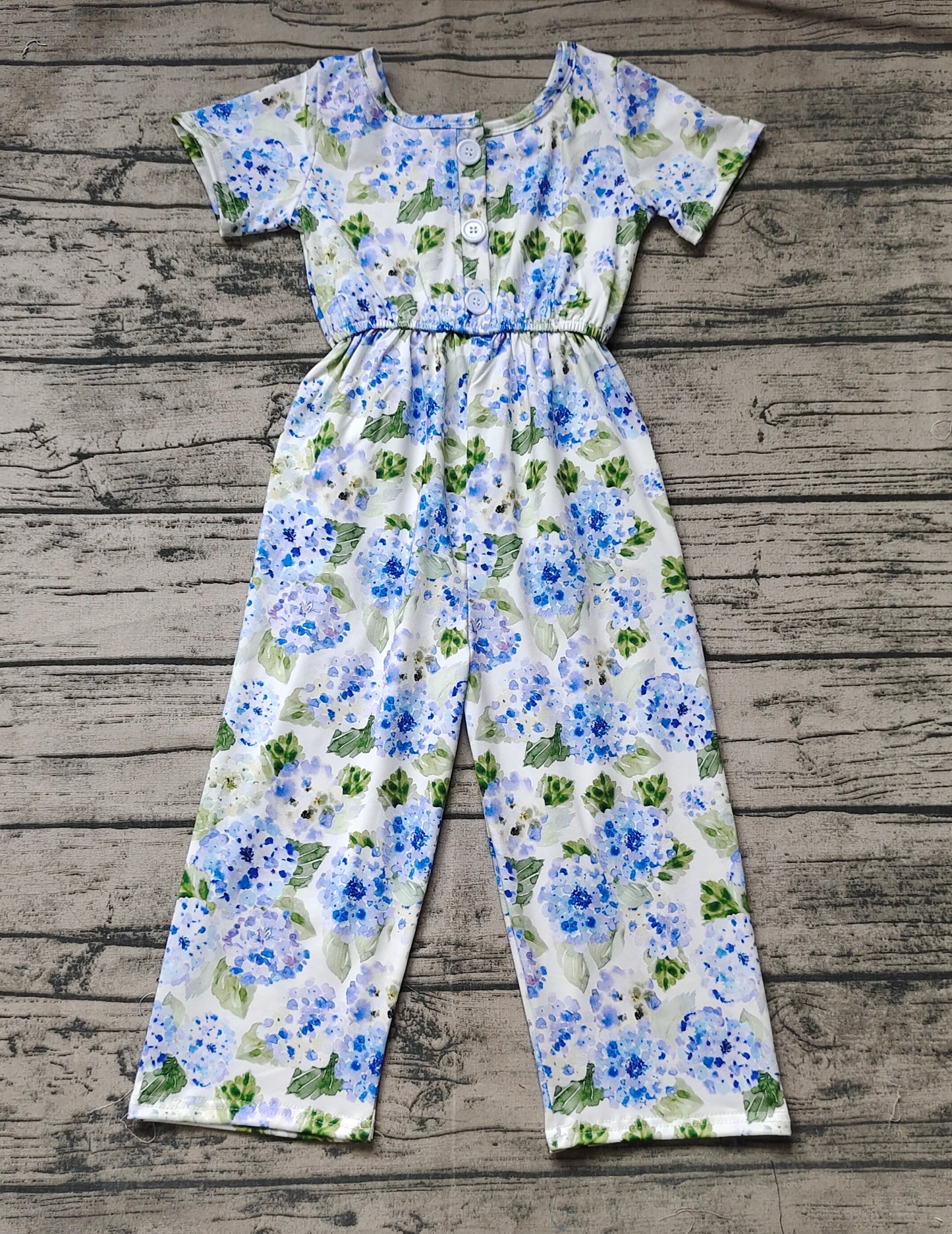 Baby Girls Blue Flowers Short Sleeve Pockets Pants Jumpsuits