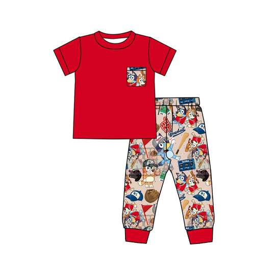 Baby Boys Red Short Sleeve Tee Shirt Top Dog Baseball Pants Pajamas Clothes Sets Preorder(moq 5)